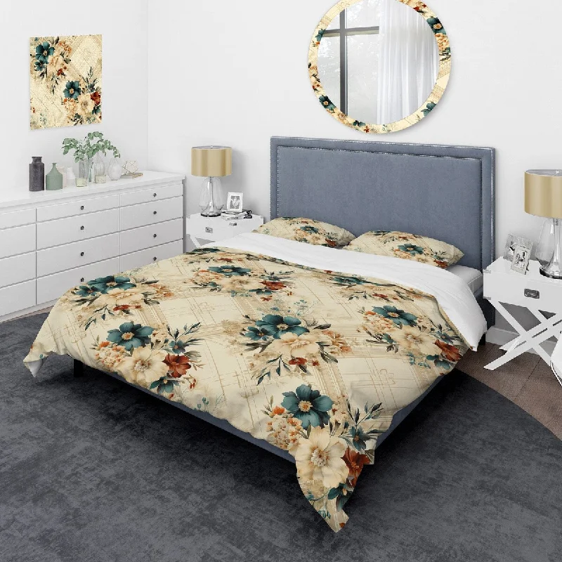 Organic tencel quilt-Designart "Vintage Neutrals Mosaic Flowers I" modern bedding covert set with 2 shams