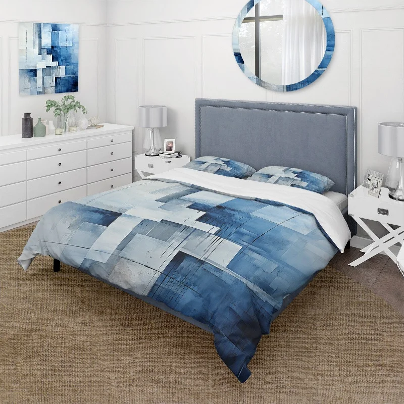 Non-slip bed pad-Designart "White and blue Nautical Geometry collage" Coastal Minimalism Bedding Cover Set Traditional Bed Set with Shams