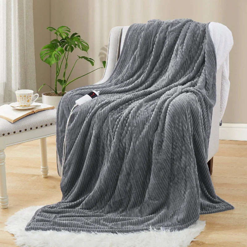 Silky jersey bed throw-Dual-Side Thicker Striped Flannel Heated Electric Throw Blanket with 10 Heating Levels