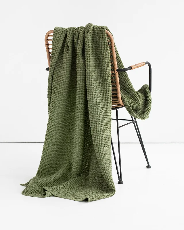 Crisp cotton bed sheets-Forest green waffle throw blanket