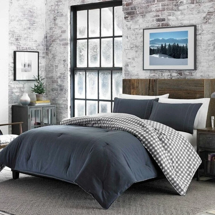 Crisp tencel pillowcase-Full/Queen size 100 Percent Cotton Reverse Plaid Gray/White Comforter Set