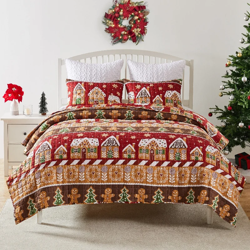 Crisp flannel bed throw-Gingerbread Lane Quilt Set