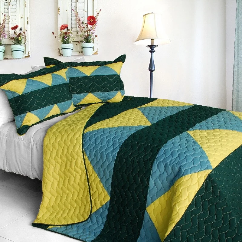 Minimalist teal duvet cover-Gloomy Sunday 3PC Vermicelli-Quilted Patchwork Quilt Set (Queen Size)