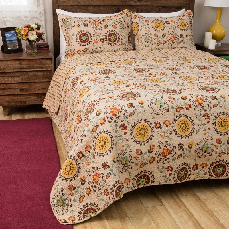 All-season cotton quilt-Greenland Home Fashions Andorra Suzani Medallion 100% Cotton Reversible Quilt Set