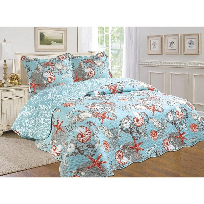 Smooth percale bed sheets-J&V Textiles 3 Piece Cotton Blend Reversible Quilt Set Blue