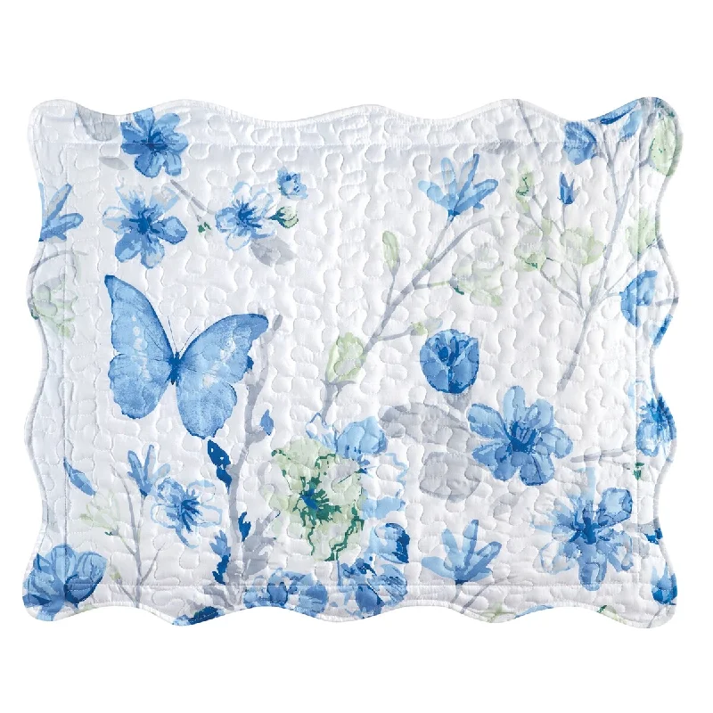 Reversible cotton bedspread-Kylie Blue Cherry Blossom Scalloped Edge Pillow Sham