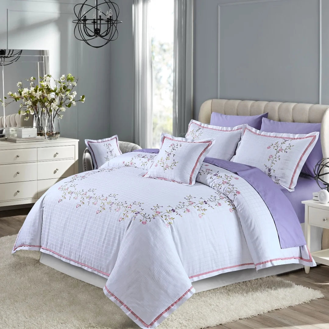 Breathable bamboo sheet set-Lavender Grace Embroidered Quilt Cover Set