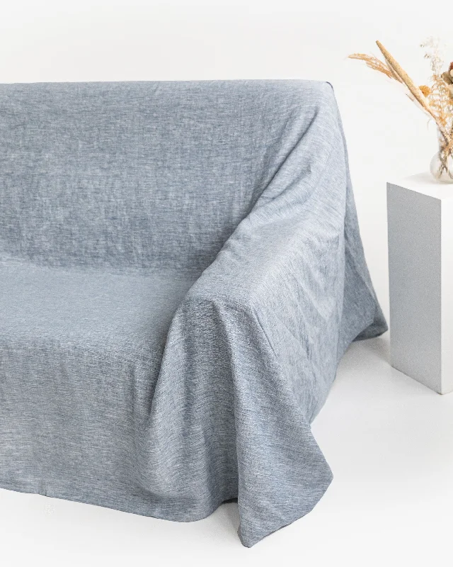 Satin jersey bed skirt-Linen couch cover in Blue melange