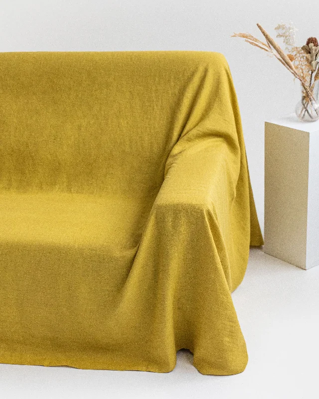 Cozy wool comforter-Linen couch cover in Moss yellow