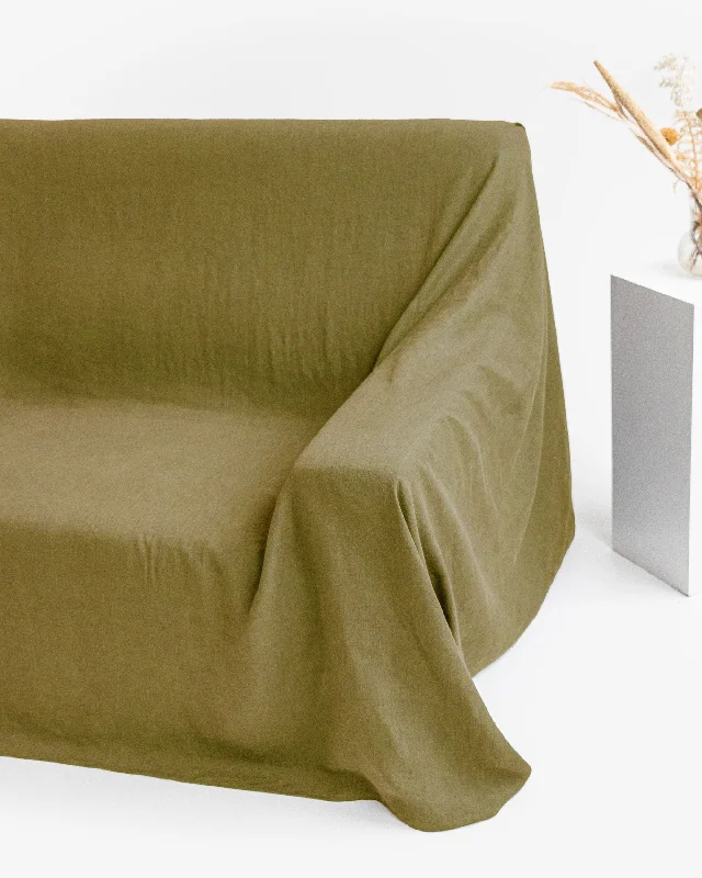 Plush velvet comforter-Linen couch cover in Olive green