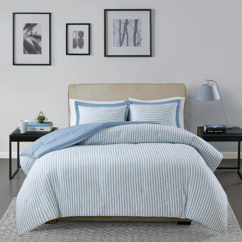 Breathable bamboo sheet set-Madison Park Essentials Braydon Blue Reversible Stripe Down Alternative Comforter Set