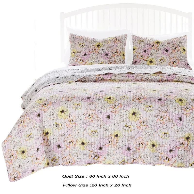 Modern dotted duvet cover-Milan 3 Piece Microfiber Blooming Flower Pattern Queen Quilt Set, White and Pink