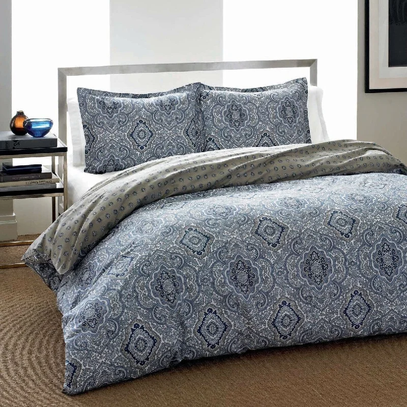 Plush wool throw blanket-Modern Blue Grey Damask Cotton Comforter Set - 2/3-Piece Ensemble