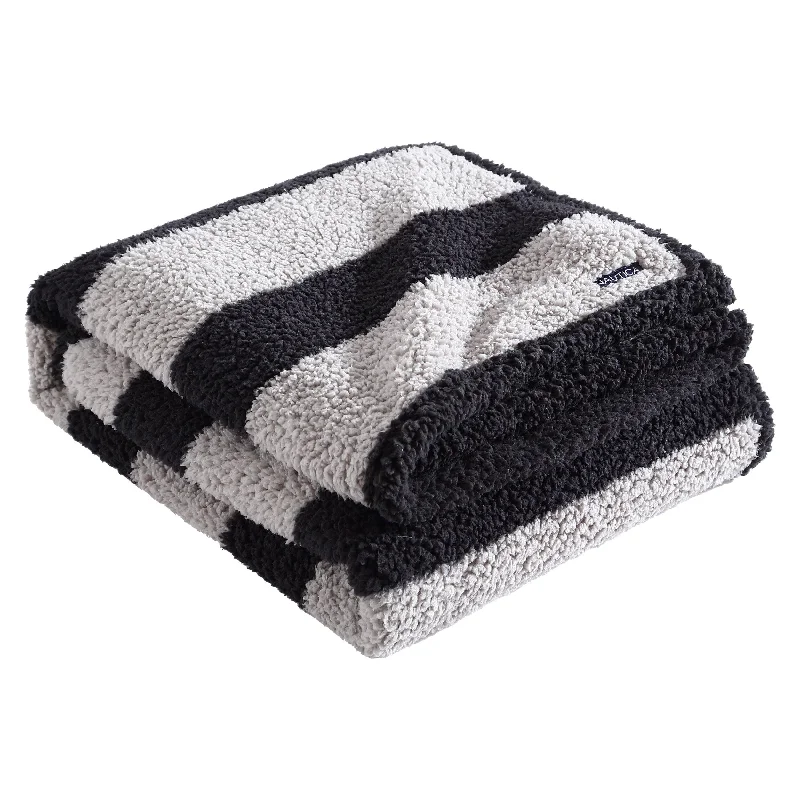 Orthopedic cooling pillow-Nautica Lawndale Grey Striped Faux Shearling Throw Blanket