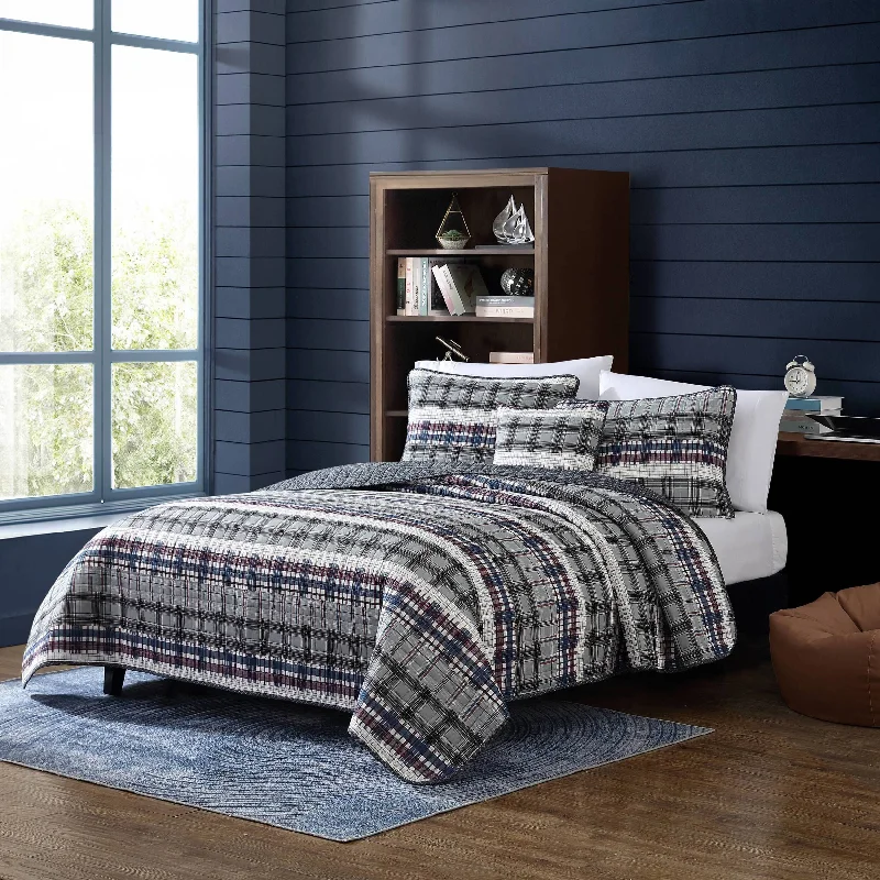 Cooling gel bamboo pillow-Nautica Marina Cove Grey Full/Queen Reversible Quilt & Sham Bonus Set