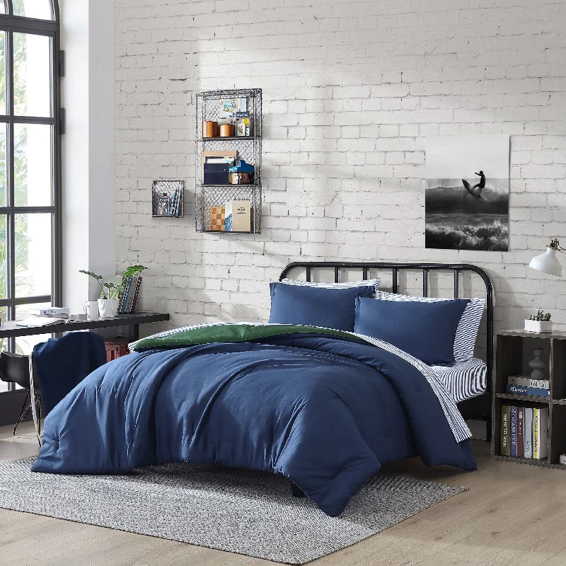 Waterproof bed liner-Nautica Solid Navy Queen Reversible Comforter & Sham Set