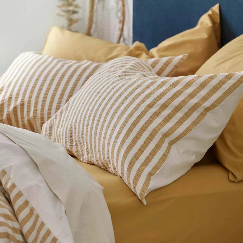 Non-slip bed pad-Ochre Seersucker Stripe Cotton Pillowcases (Pair)