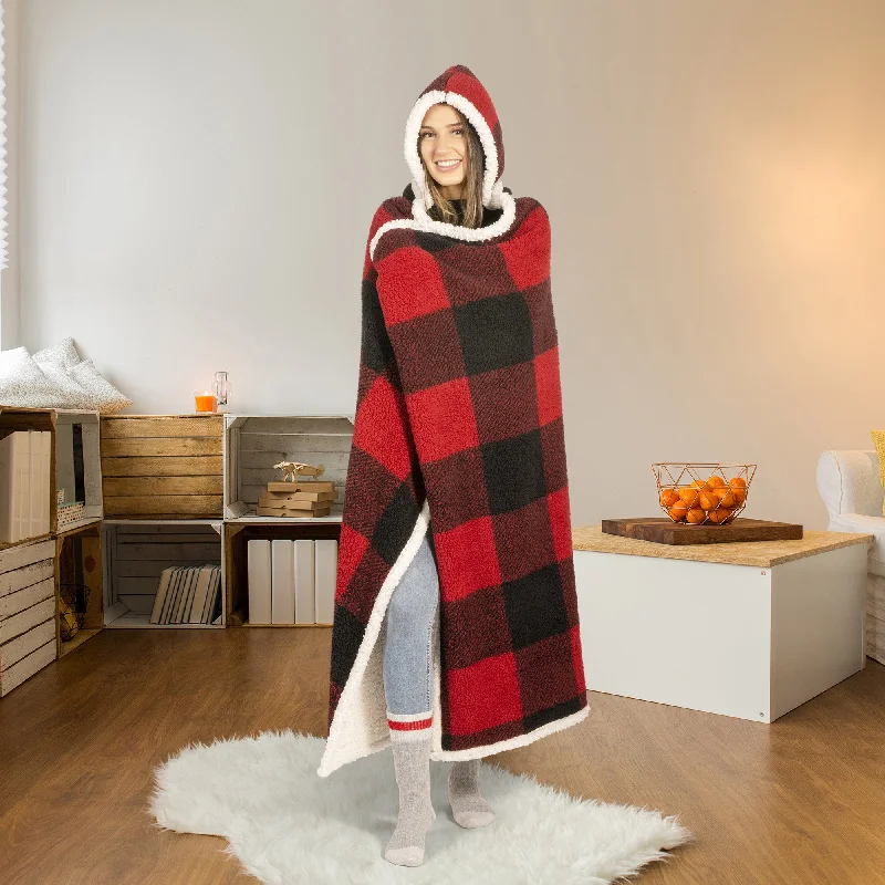 Heavy microfiber quilt-Premium Ultra Soft Hoodzy Hooded Throw Blanket with Sherpa Buffalo Plaid