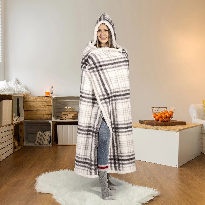 Floral linen throw-Premium Ultra Soft Hoodzy Hooded Throw Blanket with Sherpa Grey Plaid