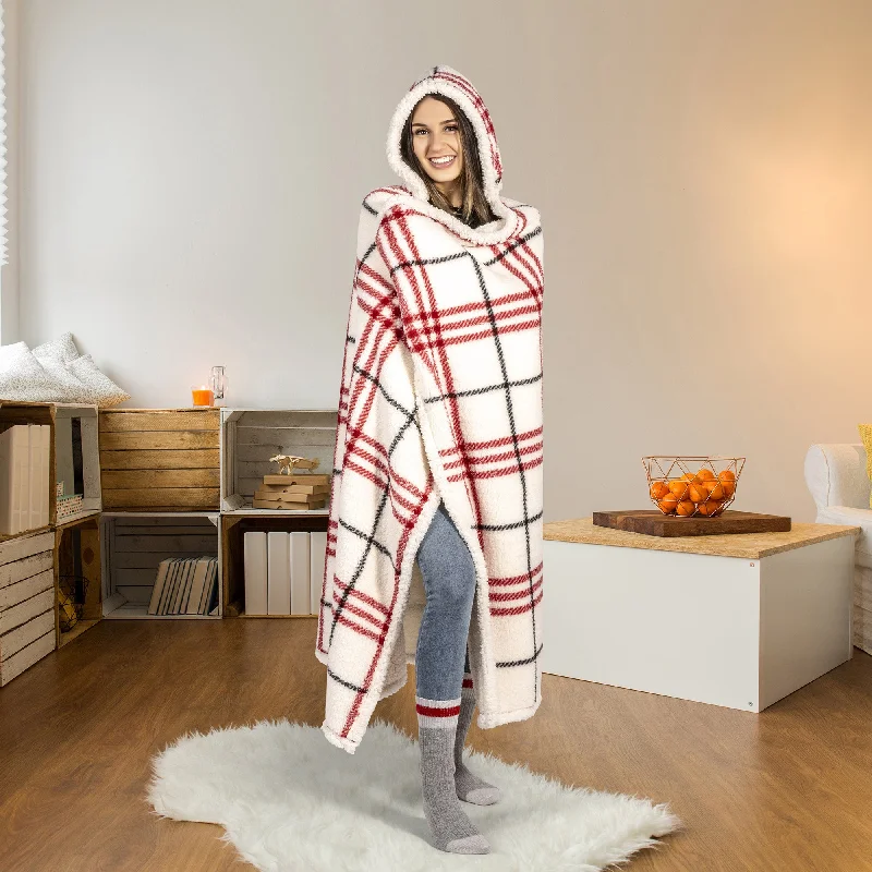 Breathable bed blanket-Premium Ultra Soft Hoodzy Hooded Throw Blanket with Sherpa Red Plaid