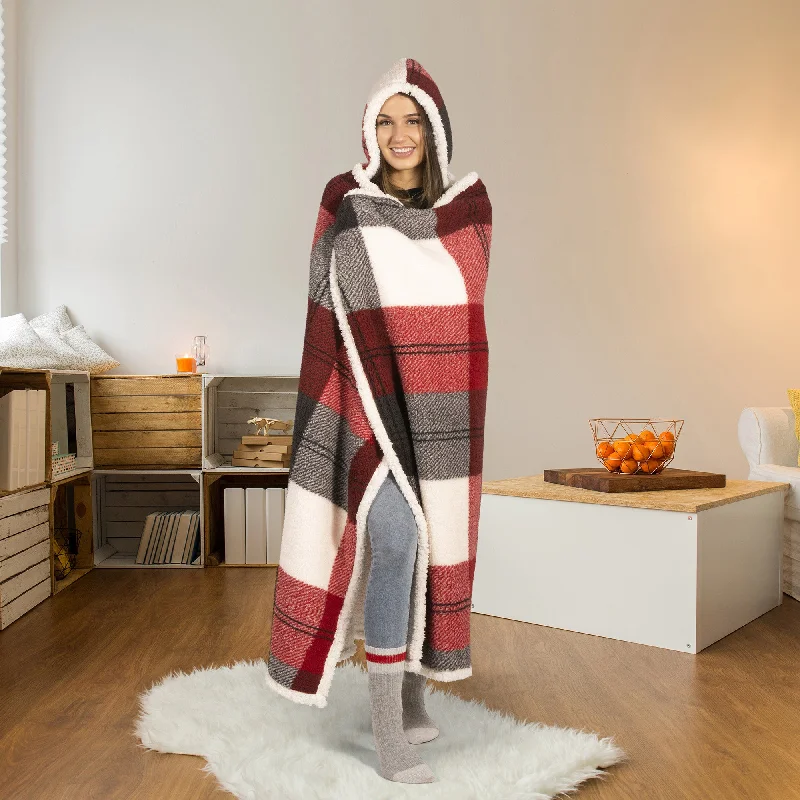 Plush wool throw blanket-Premium Ultra Soft Hoodzy Hooded Throw Blanket with Sherpa Winter Plaid