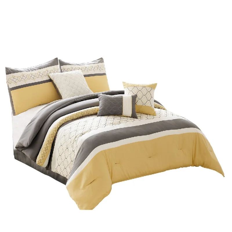 Plush microfiber bed blanket-Quatrefoil Print King Size 7 Piece Fabric Comforter Set, Yellow and Grey