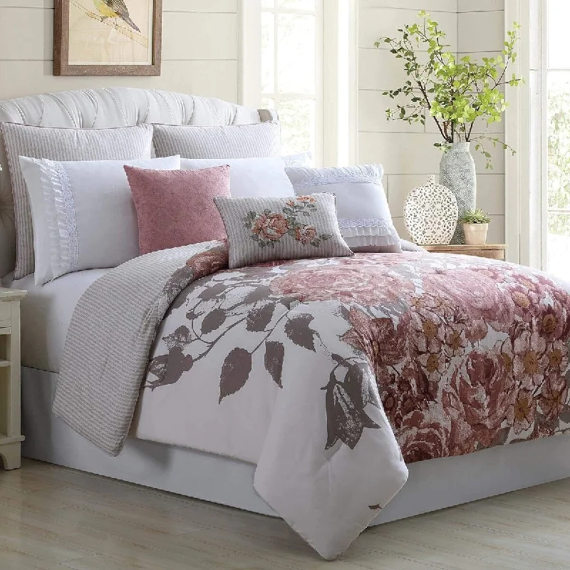 Reversible bamboo throw-Queen Size - 8 Piece Rose Floral Comforter Set Soft Bedding