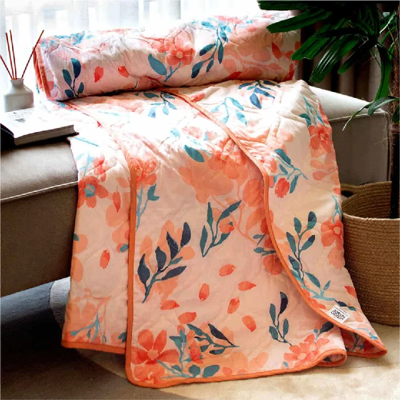 Waterproof bed liner-100% Malmal Cotton Blanket, Dohar, Quilt for AC and Light Winters - Peach Floral 1