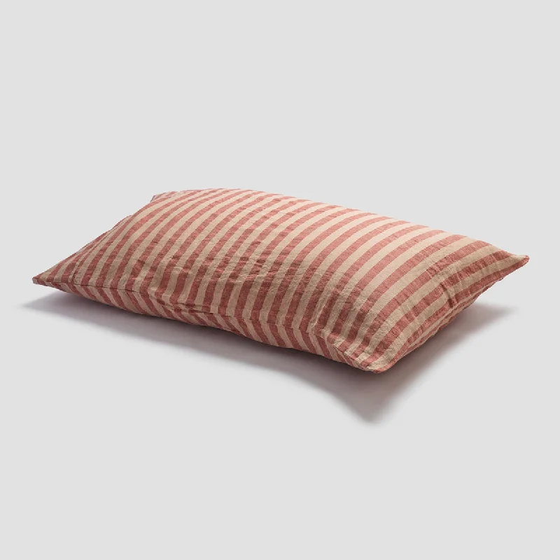 Soft sateen sheet set-Sandstone Red Stripe 100% Linen Pillowcases (Pair)