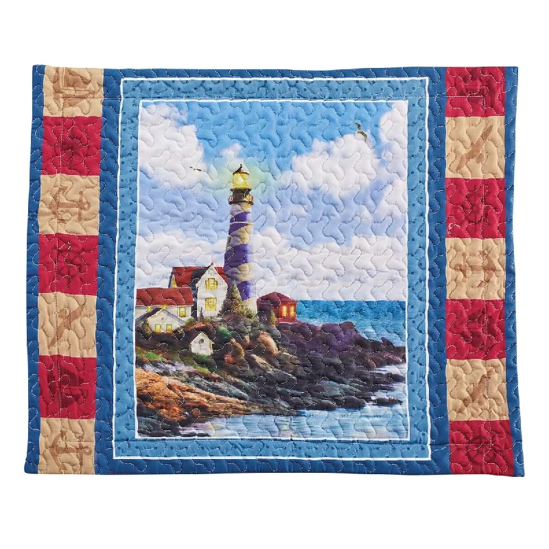 Plush sherpa bed blanket-Seaside Lighthouse Scene Nautical Patchwork Pillow Sham