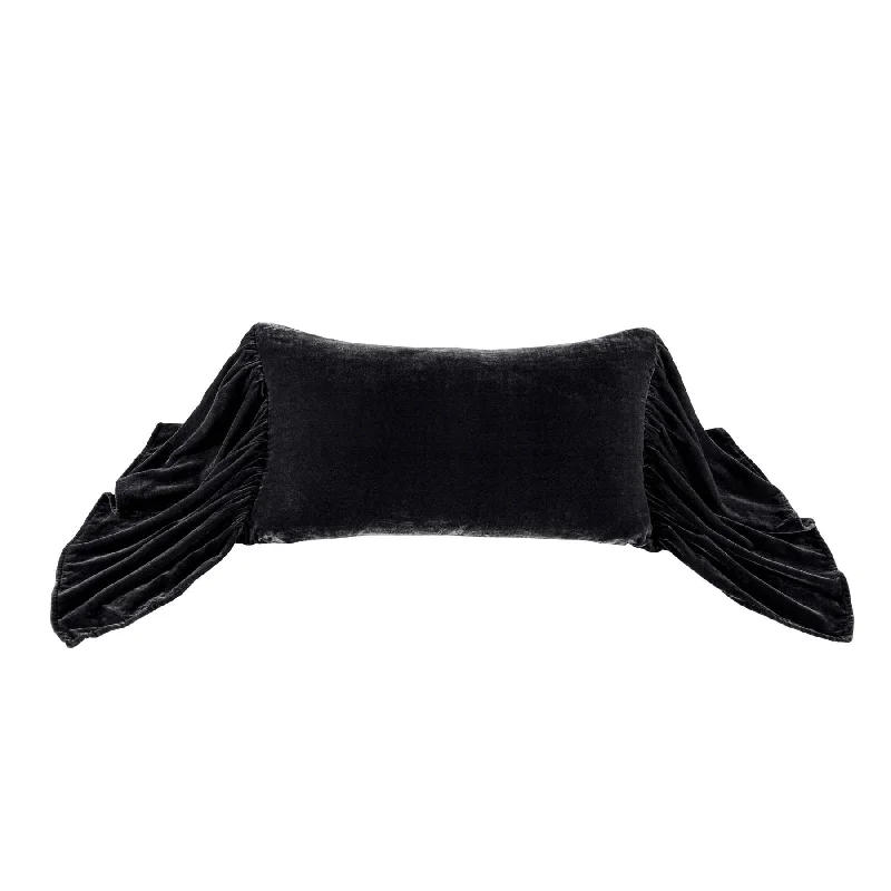 Reversible bamboo comforter-Stella Black Faux Silk Velvet Long Ruffled Pillow