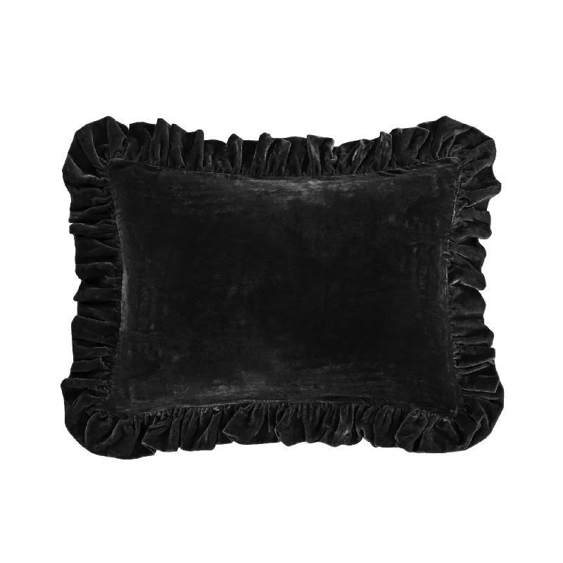 Reversible linen quilt-Stella Black Faux Silk Velvet Oblong Ruffled Pillow