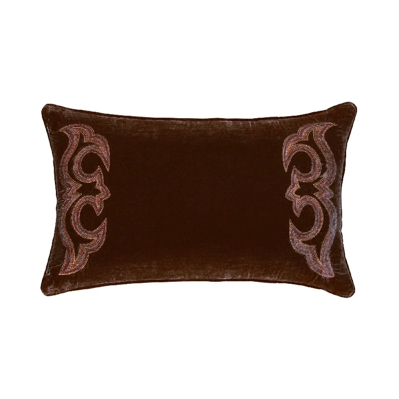 Plush wool bed blanket-Stella Copper Brown Boot Stitch Faux Silk Velvet Lumbar Pillow