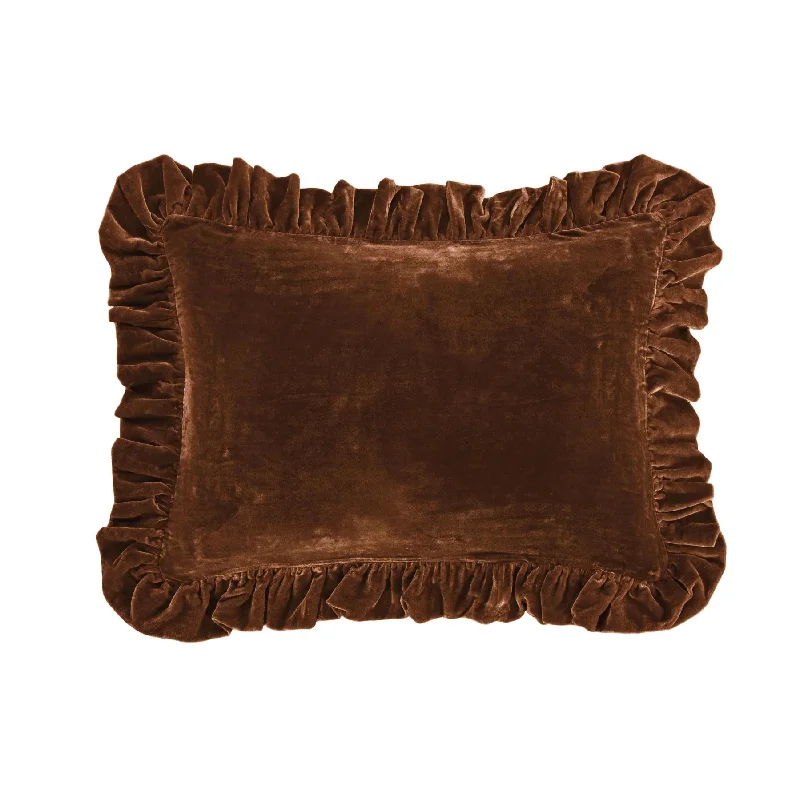 Plush fleece bed throw-Stella Copper Brown Faux Silk Velvet Oblong Ruffled Pillow