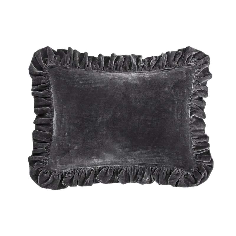 Lightweight flannel quilt-Stella Dark Slate Faux Silk Velvet Oblong Ruffled Pillow