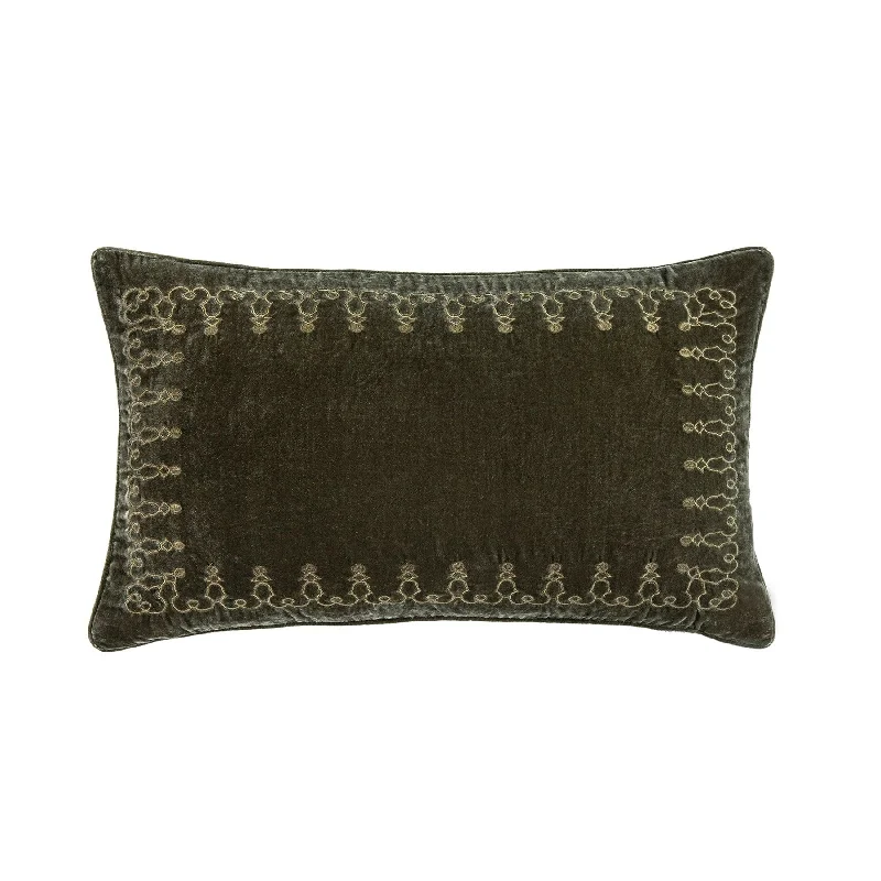 Thick linen bed blanket-Stella Fern Green Silk Velvet Embroidered Lumbar Pillow