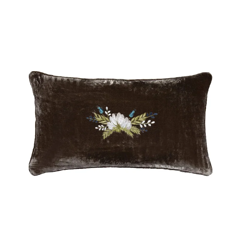 Cooling bamboo bed pillow-Stella Green Ochre Western Floral Embroidered Faux Silk Velvet Lumbar Pillow