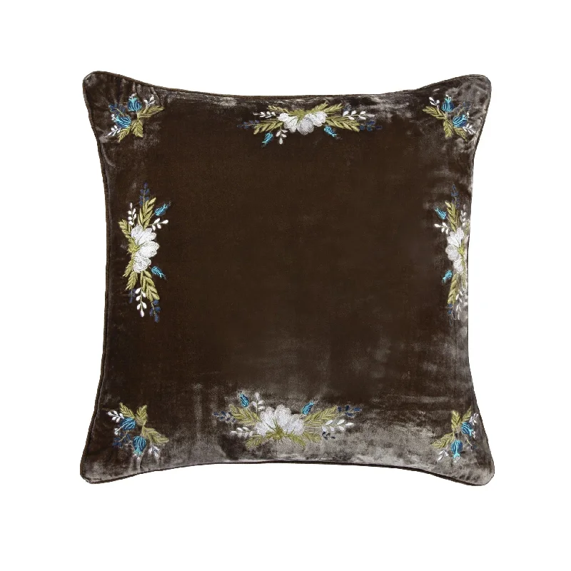 Breathable tencel pillowcase-Stella Green Ochre Western Floral Embroidered Faux Silk Velvet Pillow