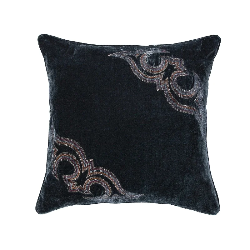 Textured linen comforter-Stella Midnight Blue Boot Stitch Embroidered Faux Silk Velvet Pillow