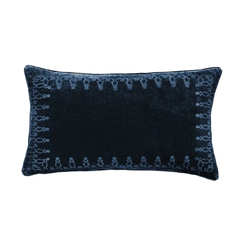 All-season microfiber bedspread-Stella Midnight Blue Silk Velvet Embroidered Lumbar Pillow