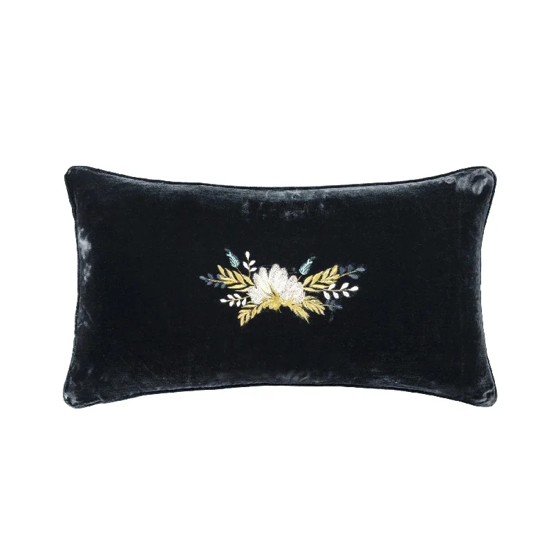 Warm chenille bed throw-Stella Midnight Blue Western Floral Embroidered Faux Silk Velvet Lumbar Pillow