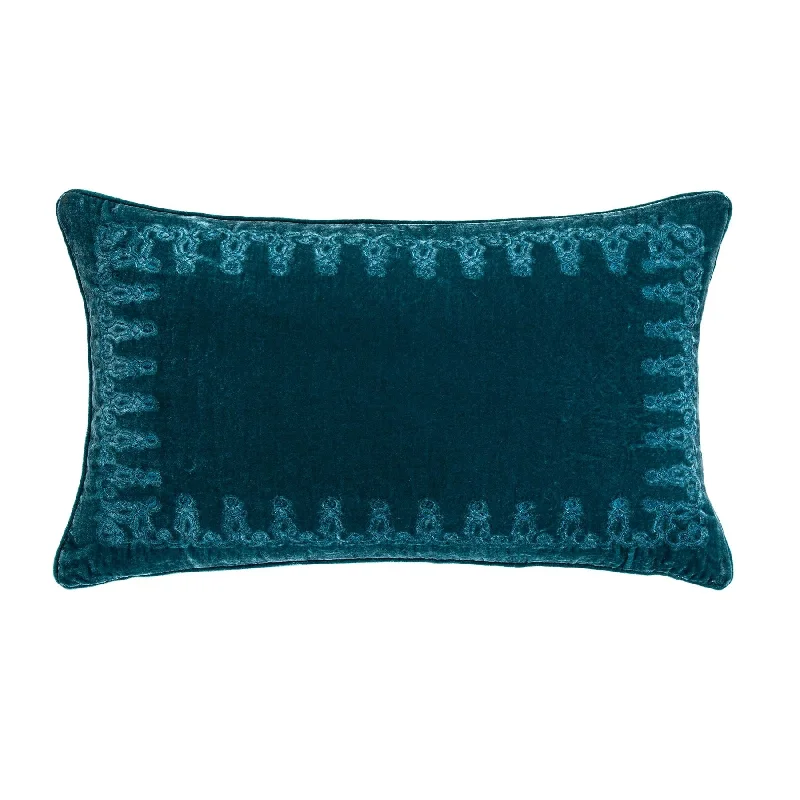 Plush chenille comforter-Stella Teal Faux Silk Velvet Embroidered Lumbar Pillow