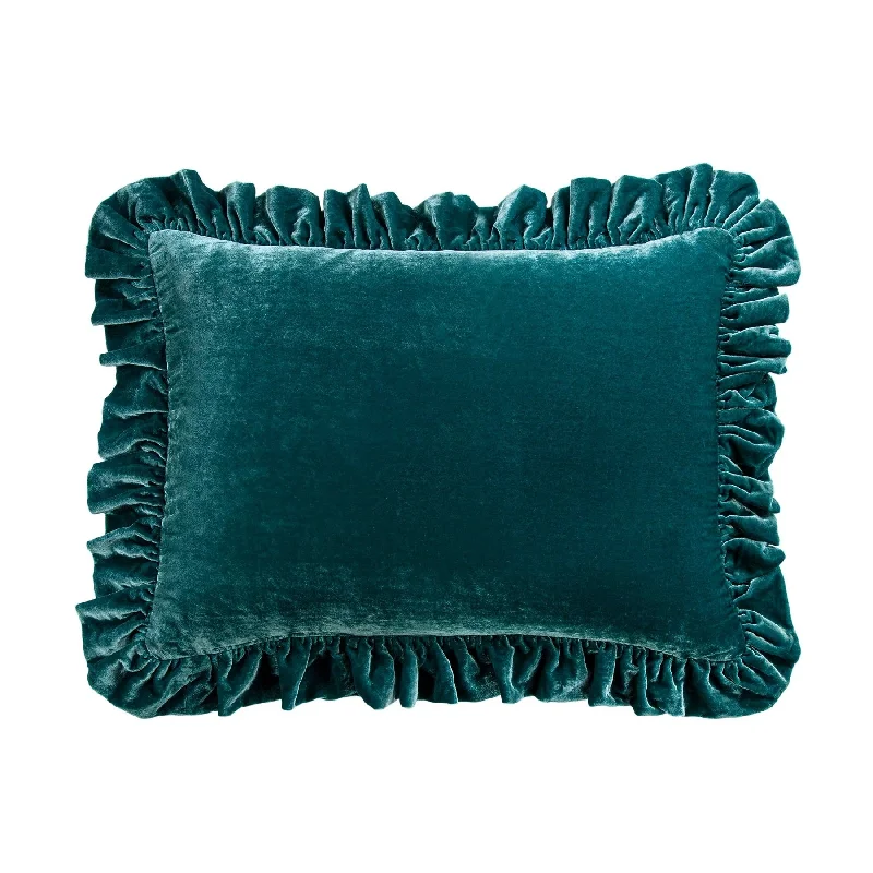 Heavy bamboo bedspread-Stella Teal Faux Silk Velvet Oblong Ruffled Pillow