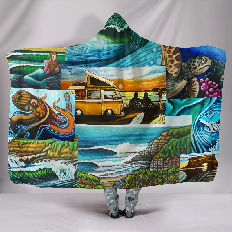 Reversible linen quilt-Surf Art Collage Hooded Blanket