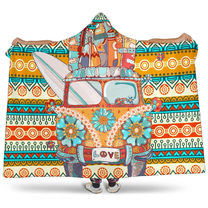 Textured linen comforter-Tiki Love Bus Hooded Blanket