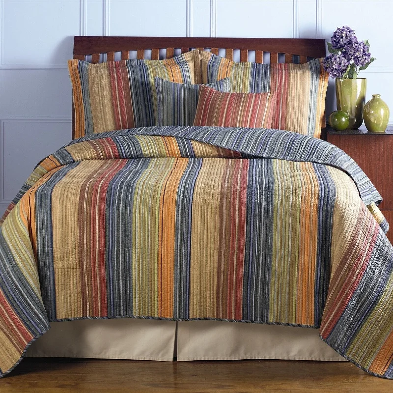 All-season bamboo throw-Versatile Striped Cotton Quilt Set - Full/Queen Size in Red, Orange, Blue, Brown