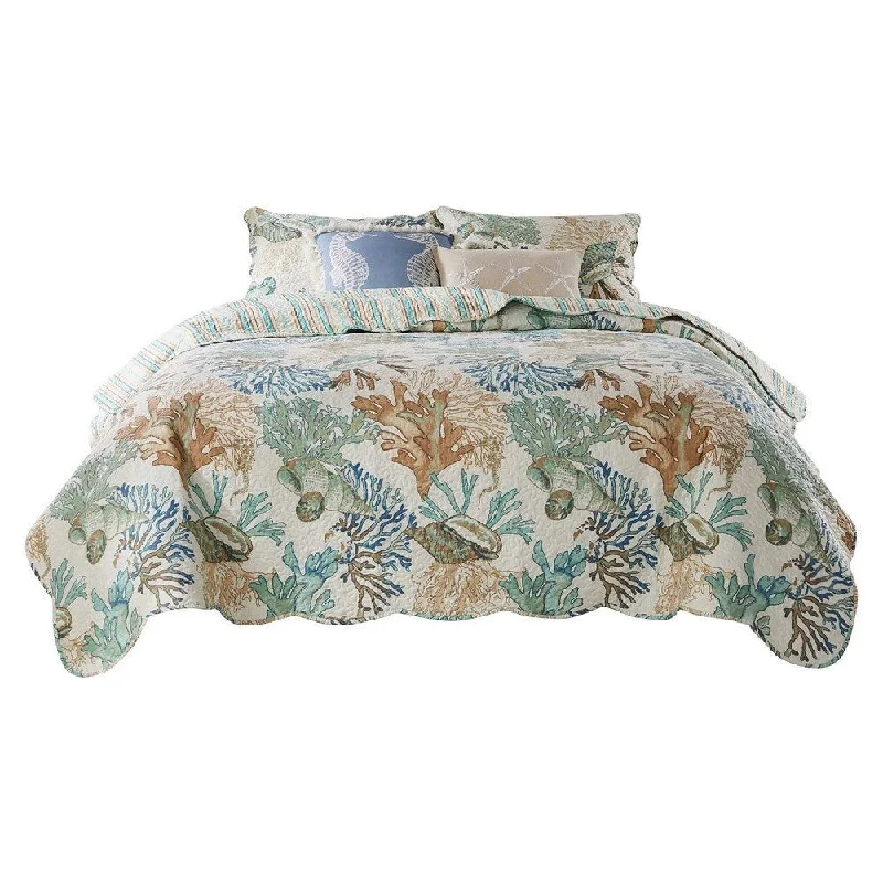 Orthopedic bamboo pillow-Wade 4 Piece Quilt Set, Ocean Design, Scalloped Edges, Floral Pattern