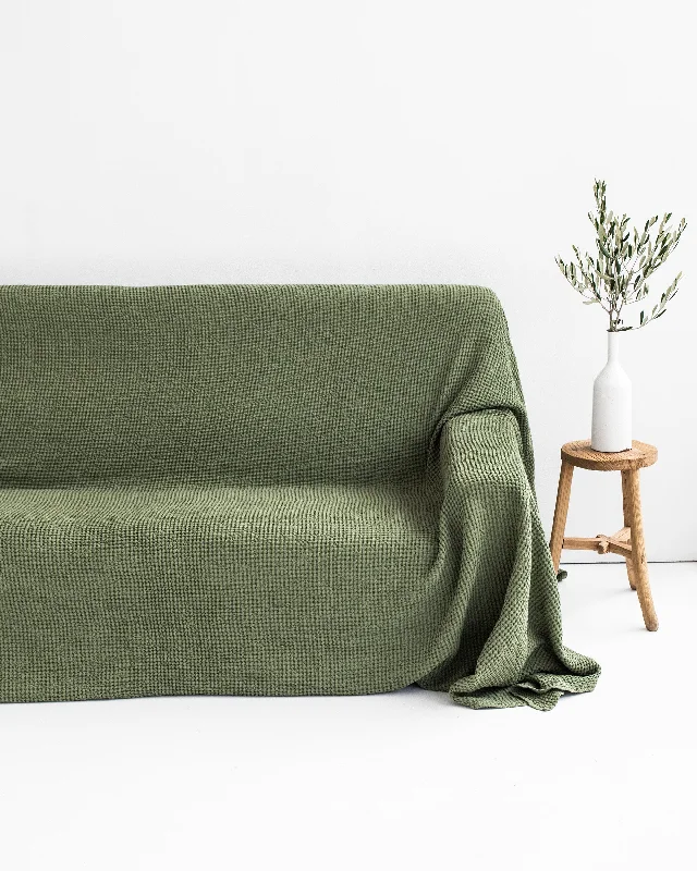 Anti-slip bedspread-Waffle linen couch cover in Forest green