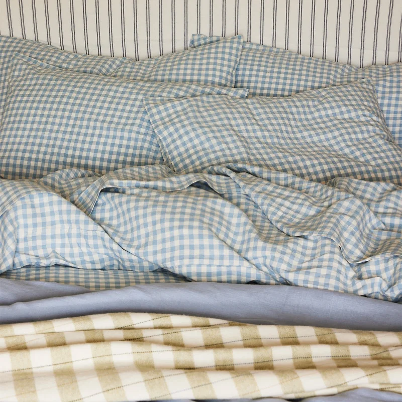 Cozy wool comforter-Warm Blue Gingham Linen Blend Pillowcase (Pair)