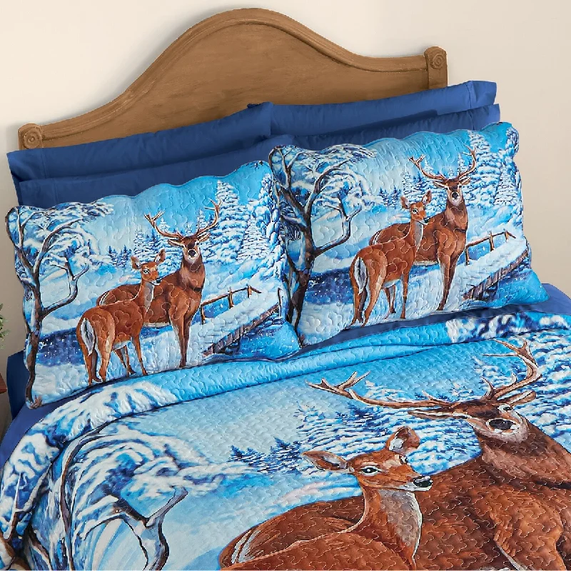 Warm microfiber bed blanket-Winter Woodland Deer Scalloped Edge Pillow Shams - Set of 2